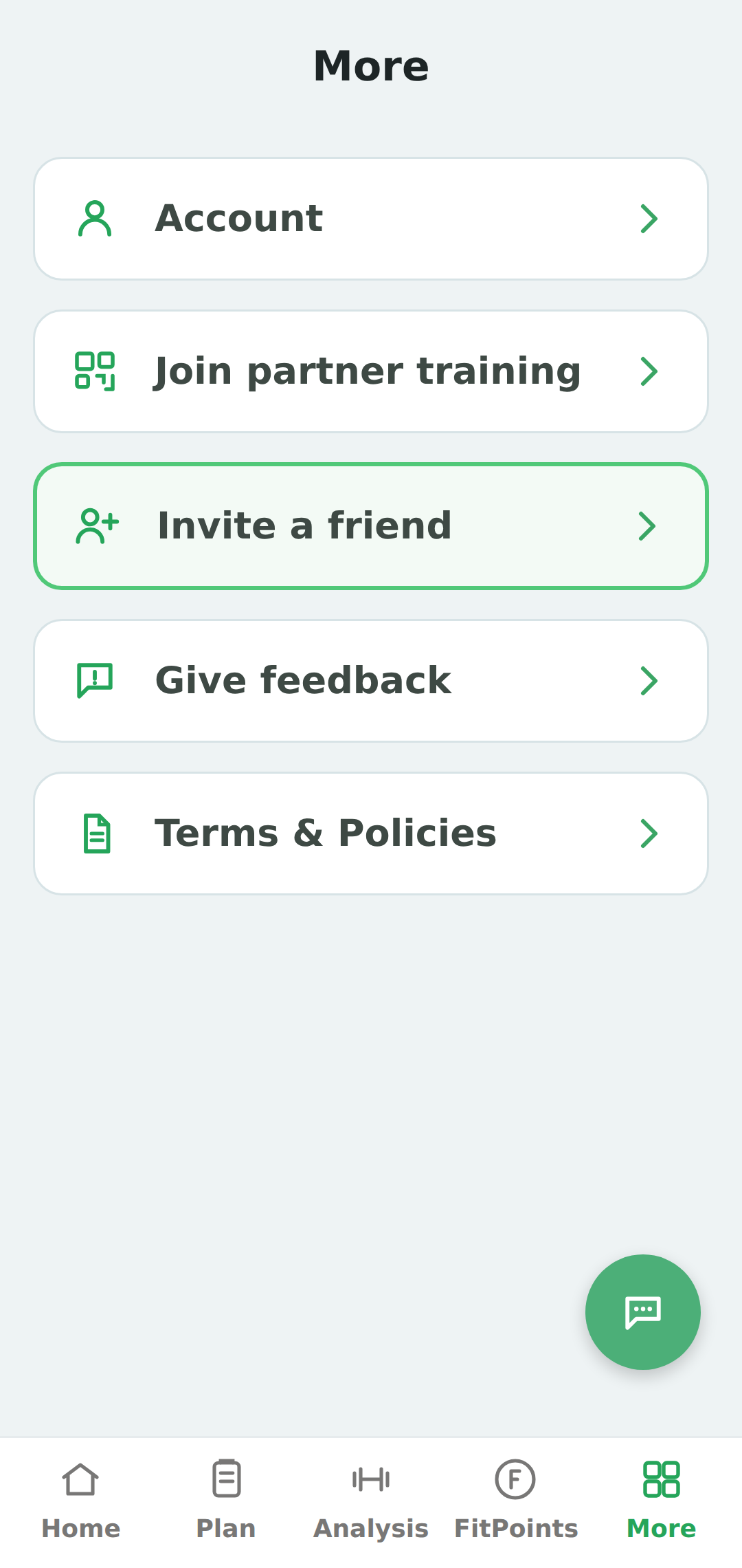 Das Menü „Mehr“ in der App mit hervorgehobenem Eintrag „Freunde einladen“