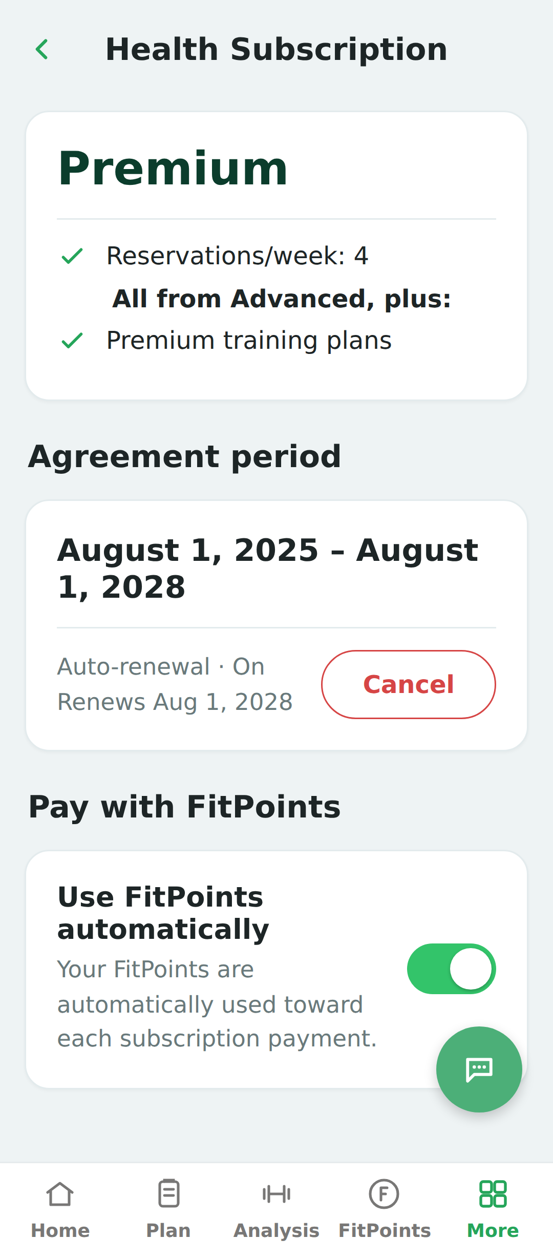 Der Abo-Infos-Bildschirm in der App mit aktiviertem Schalter „FitPoints automatisch verwenden“